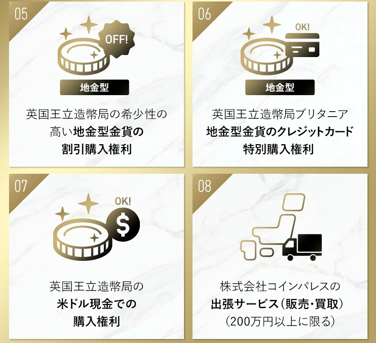 5.地銀型金貨の割引購入権利、6.地銀型金貨のクレジットカード特別購入権利、7.米ドル現金での購入権利、8.出張サービス（販売・買取）