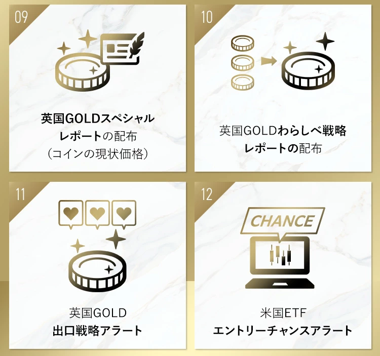 9.英国GODLスペシャルレポートのハイフン、10.わらしべ戦略レポートの配布、11.出口戦略アラート、12.エントリーチャンスアラート