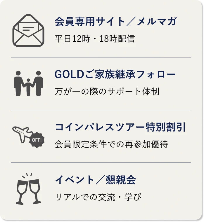 会員専用サイト／メルマガ / GOLDご家族継承フォロー / コインパレスツアー特別割引 /イベント／懇親会