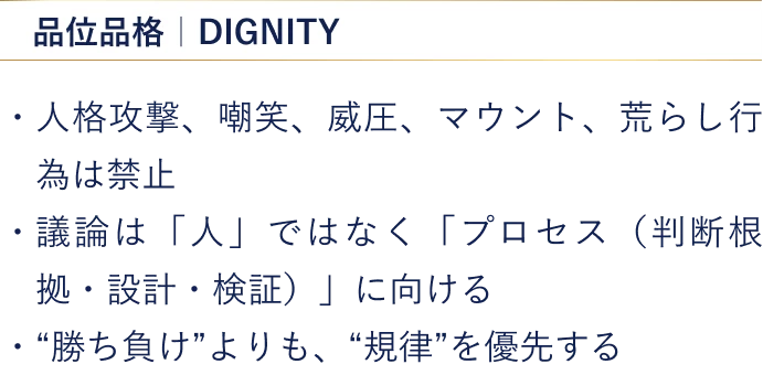 【品位品格】・人格攻撃、嘲笑、威圧、マウント、荒らし行為は禁止 ・議論は「人」ではなく「プロセス（判断根拠・設計・検証）」に向ける ・勝ち負けよりも、規律を優先する